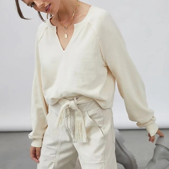Anthropologie Women’s Maeve Notch Neck Sweatshirt Cream Size M Loungewear Top - Picture 1 of 9
